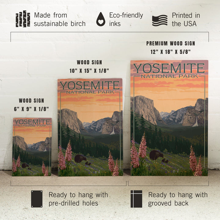 Yosemite National Park, California, Bear and Cubs with Flowers, Lantern Press Artwork, Wood Signs and Postcards Wood Lantern Press