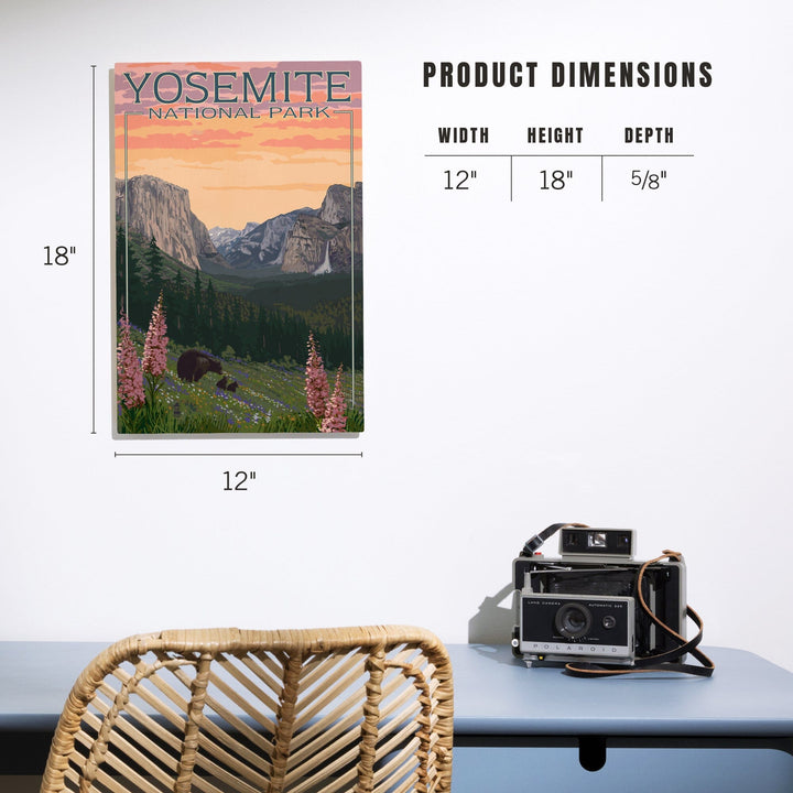 Yosemite National Park, California, Bear and Cubs with Flowers, Lantern Press Artwork, Wood Signs and Postcards Wood Lantern Press