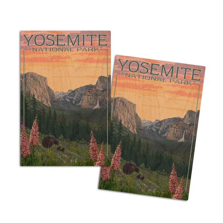Yosemite National Park, California, Bear and Cubs with Flowers, Lantern Press Artwork, Wood Signs and Postcards Wood Lantern Press 4x6 Wood Postcard Set