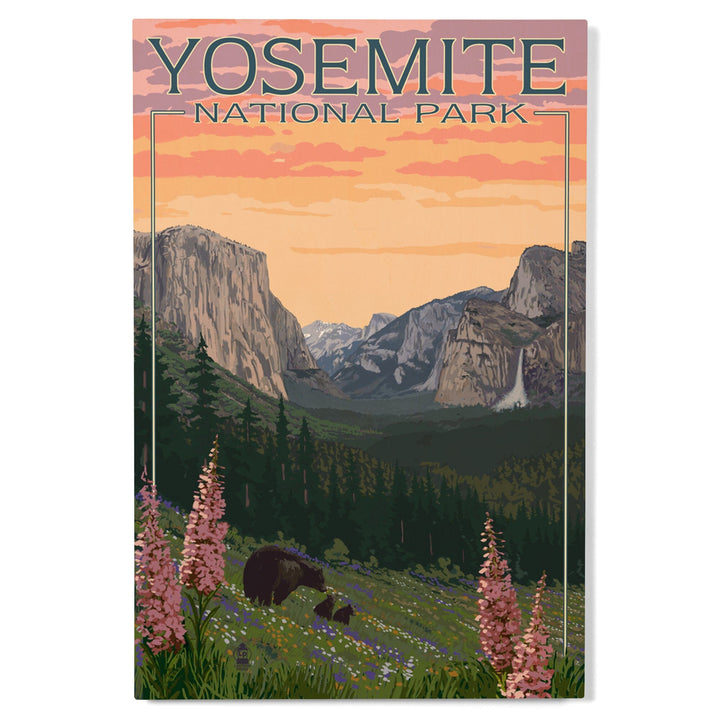 Yosemite National Park, California, Bear and Cubs with Flowers, Lantern Press Artwork, Wood Signs and Postcards Wood Lantern Press