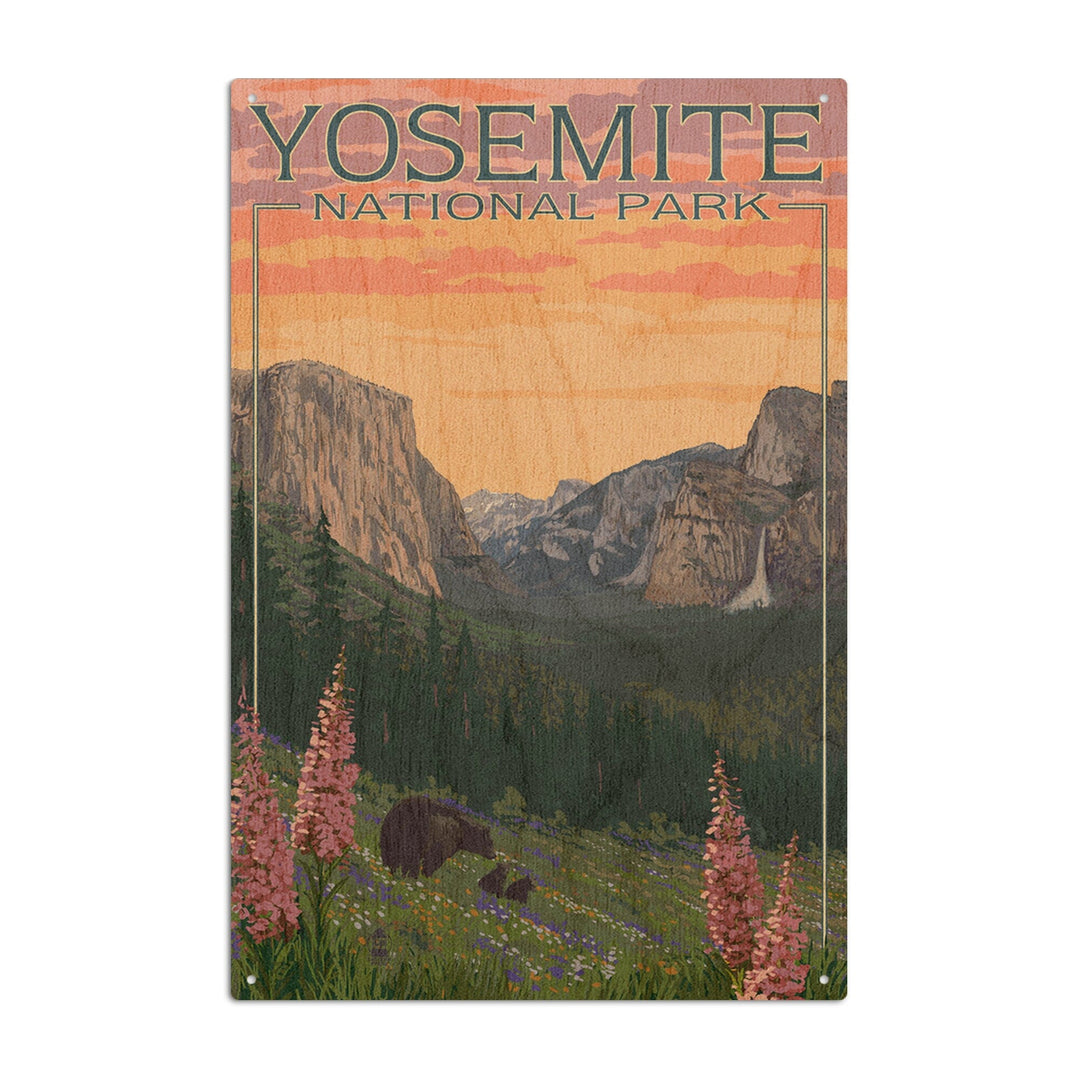 Yosemite National Park, California, Bear and Cubs with Flowers, Lantern Press Artwork, Wood Signs and Postcards Wood Lantern Press 6x9 Wood Sign