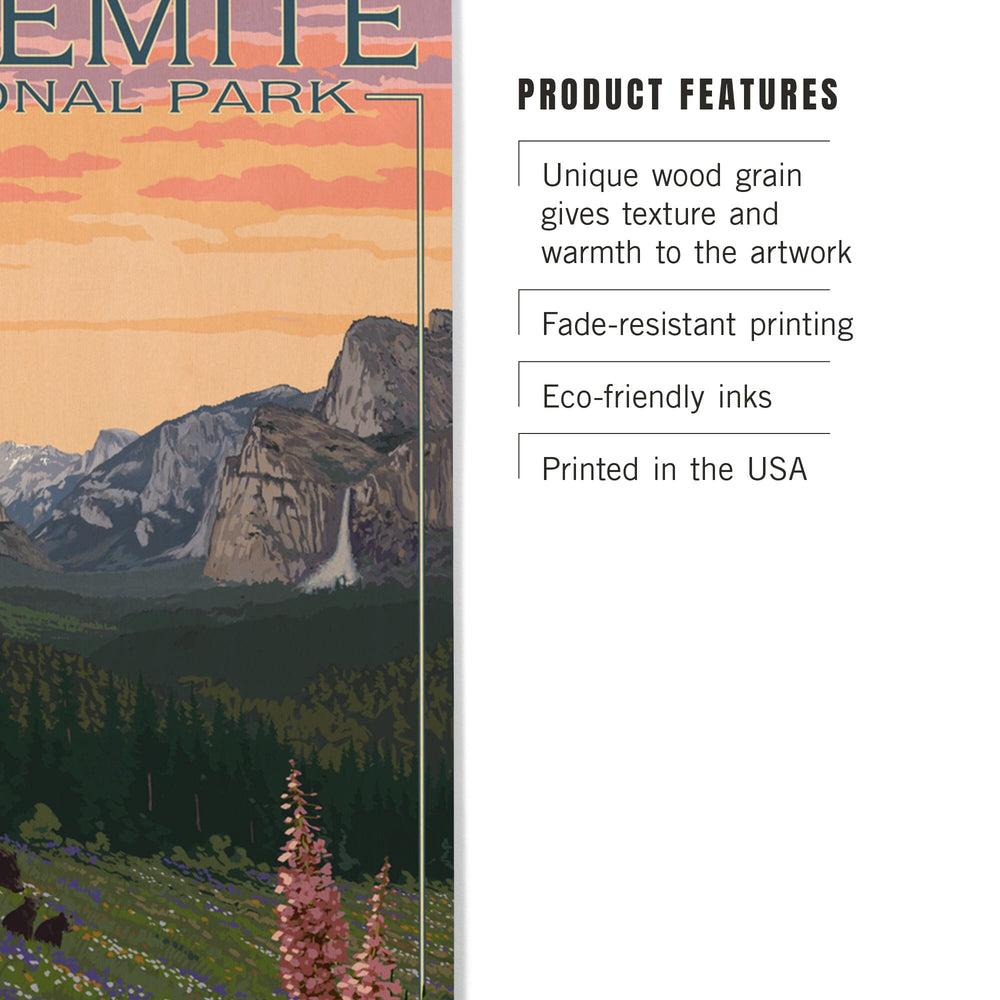 Yosemite National Park, California, Bear and Cubs with Flowers, Lantern Press Artwork, Wood Signs and Postcards Wood Lantern Press