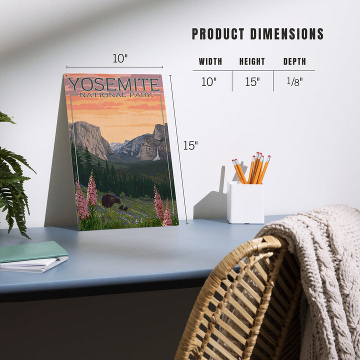 Yosemite National Park, California, Bear and Cubs with Flowers, Lantern Press Artwork, Wood Signs and Postcards Wood Lantern Press