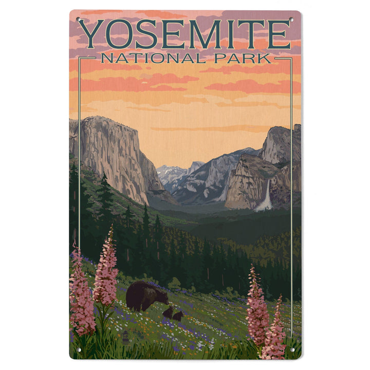 Yosemite National Park, California, Bear and Cubs with Flowers, Lantern Press Artwork, Wood Signs and Postcards Wood Lantern Press