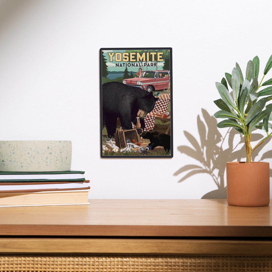 Yosemite National Park, California, Bear and Picnic Scene, Wood Signs and Postcards Wood Lantern Press