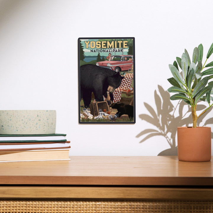 Yosemite National Park, California, Bear and Picnic Scene, Wood Signs and Postcards Wood Lantern Press