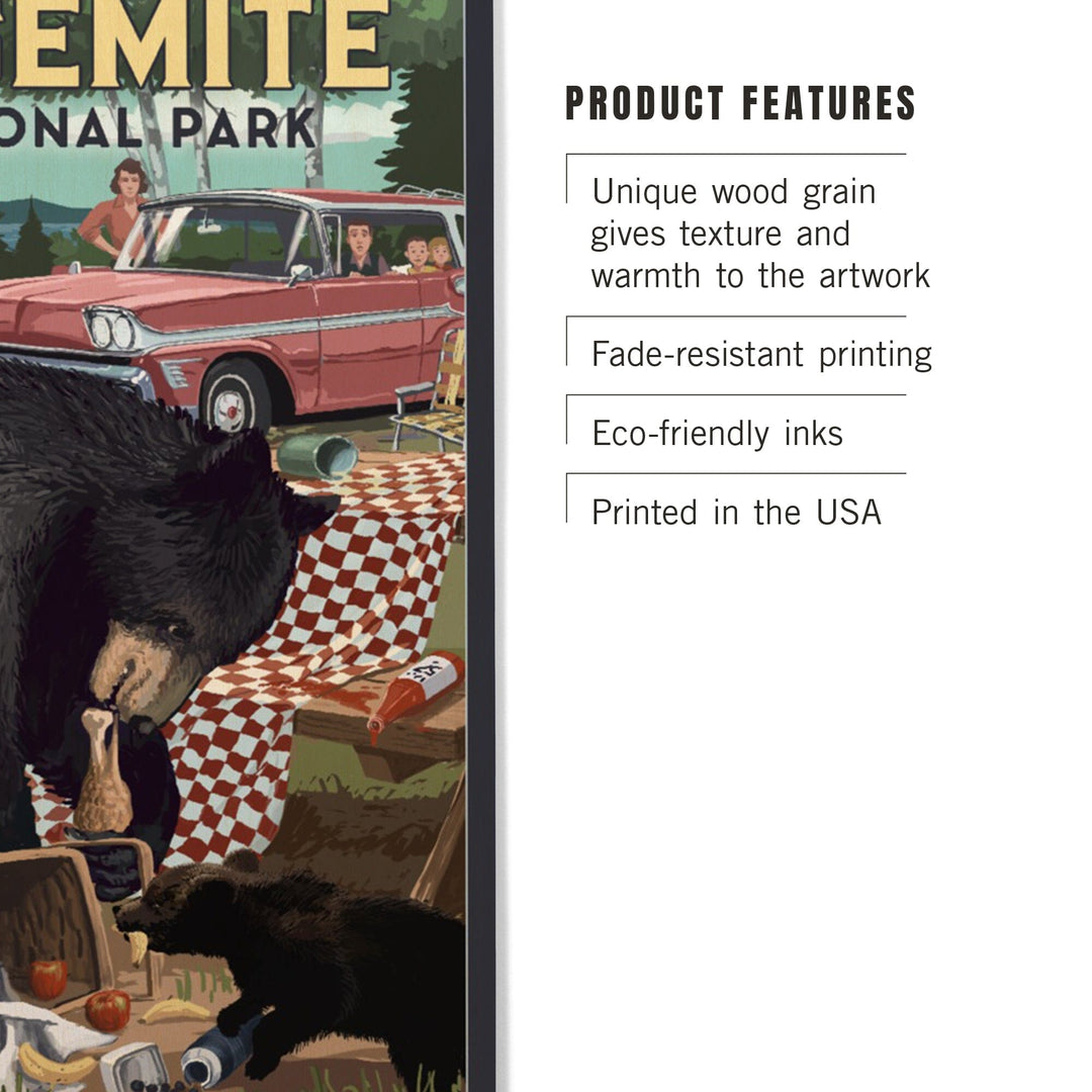 Yosemite National Park, California, Bear and Picnic Scene, Wood Signs and Postcards Wood Lantern Press
