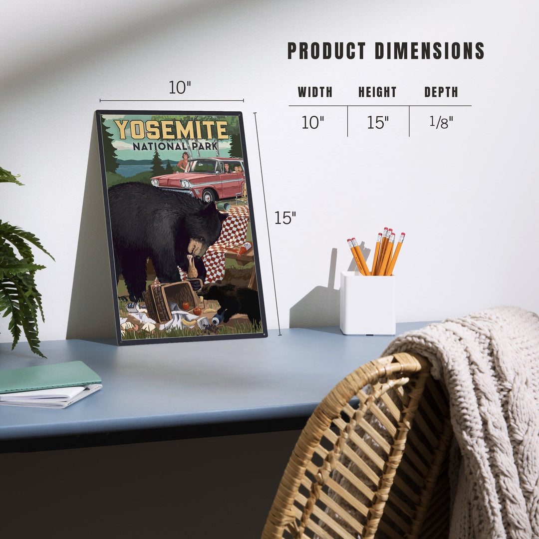 Yosemite National Park, California, Bear and Picnic Scene, Wood Signs and Postcards Wood Lantern Press