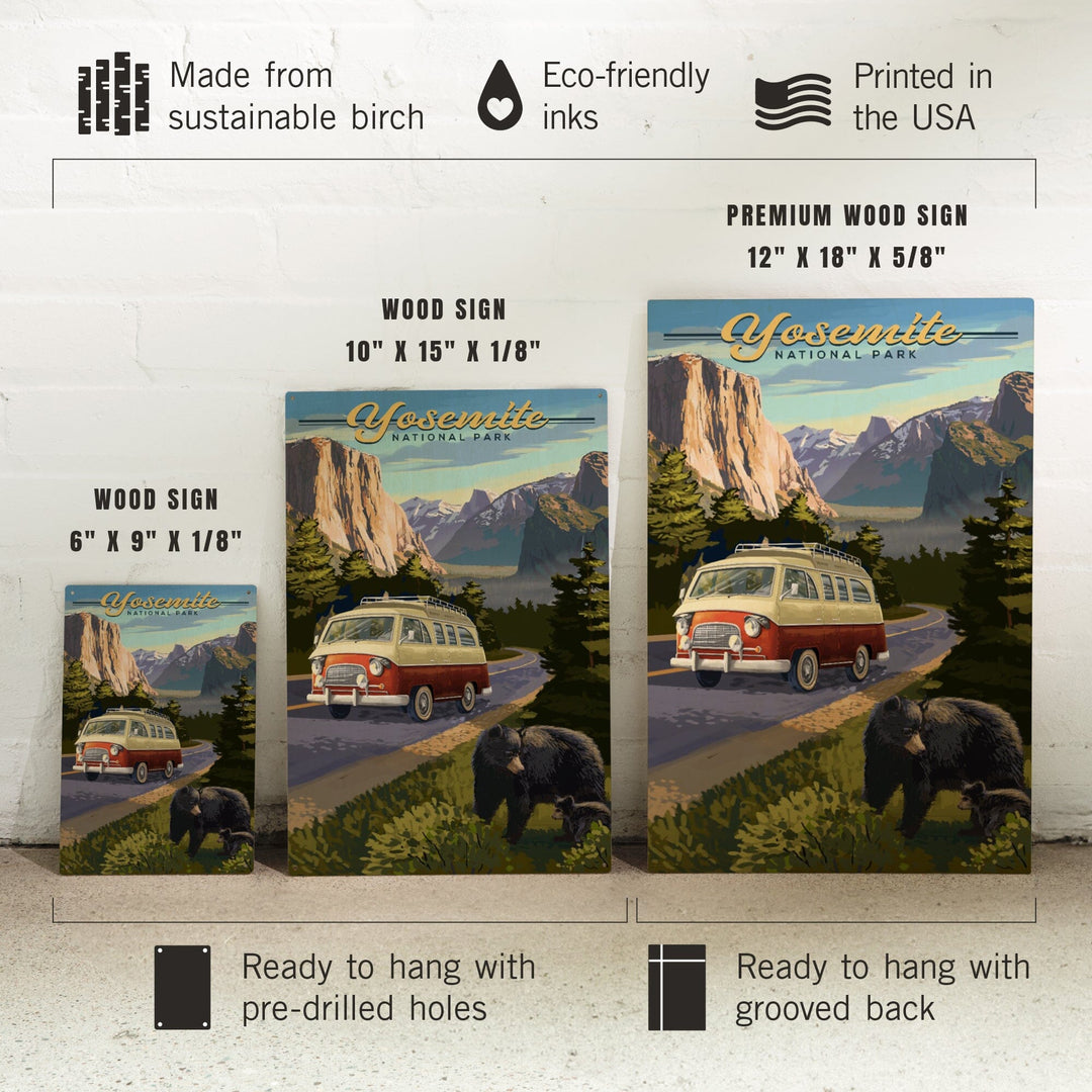 Yosemite National Park, California, Camper Van & Wildlife, Lantern Press Artwork, Wood Signs and Postcards Wood Lantern Press