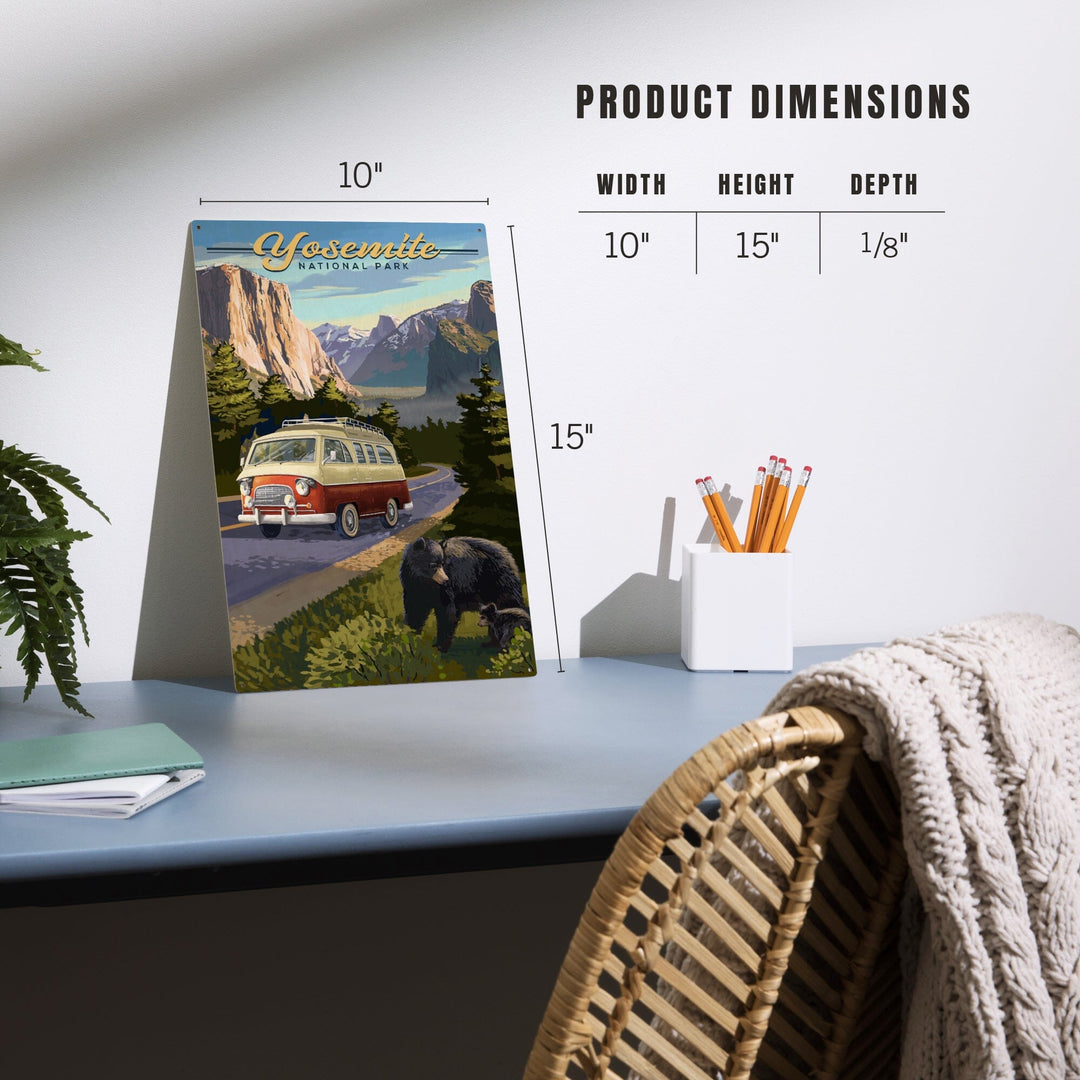 Yosemite National Park, California, Camper Van & Wildlife, Lantern Press Artwork, Wood Signs and Postcards Wood Lantern Press