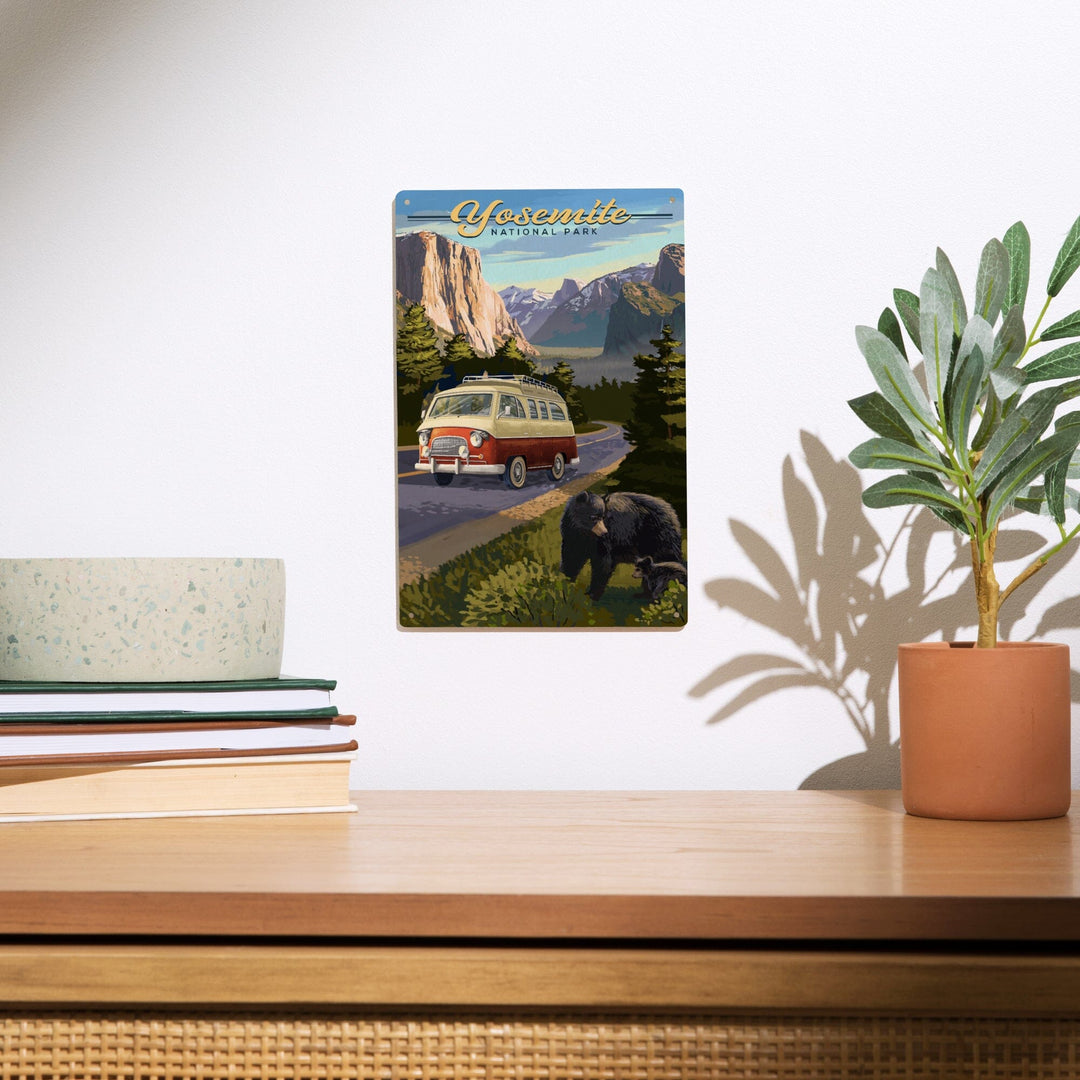 Yosemite National Park, California, Camper Van & Wildlife, Lantern Press Artwork, Wood Signs and Postcards Wood Lantern Press