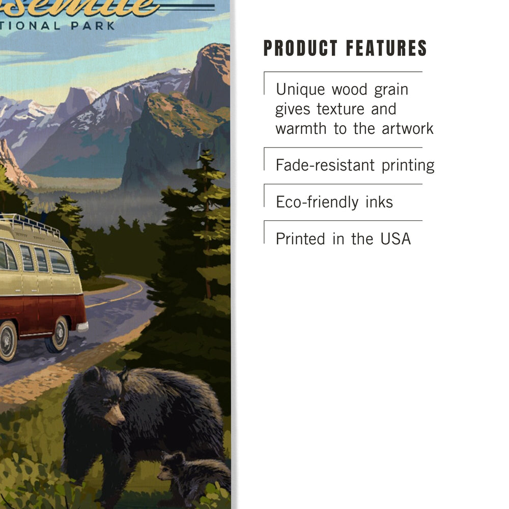 Yosemite National Park, California, Camper Van & Wildlife, Lantern Press Artwork, Wood Signs and Postcards Wood Lantern Press