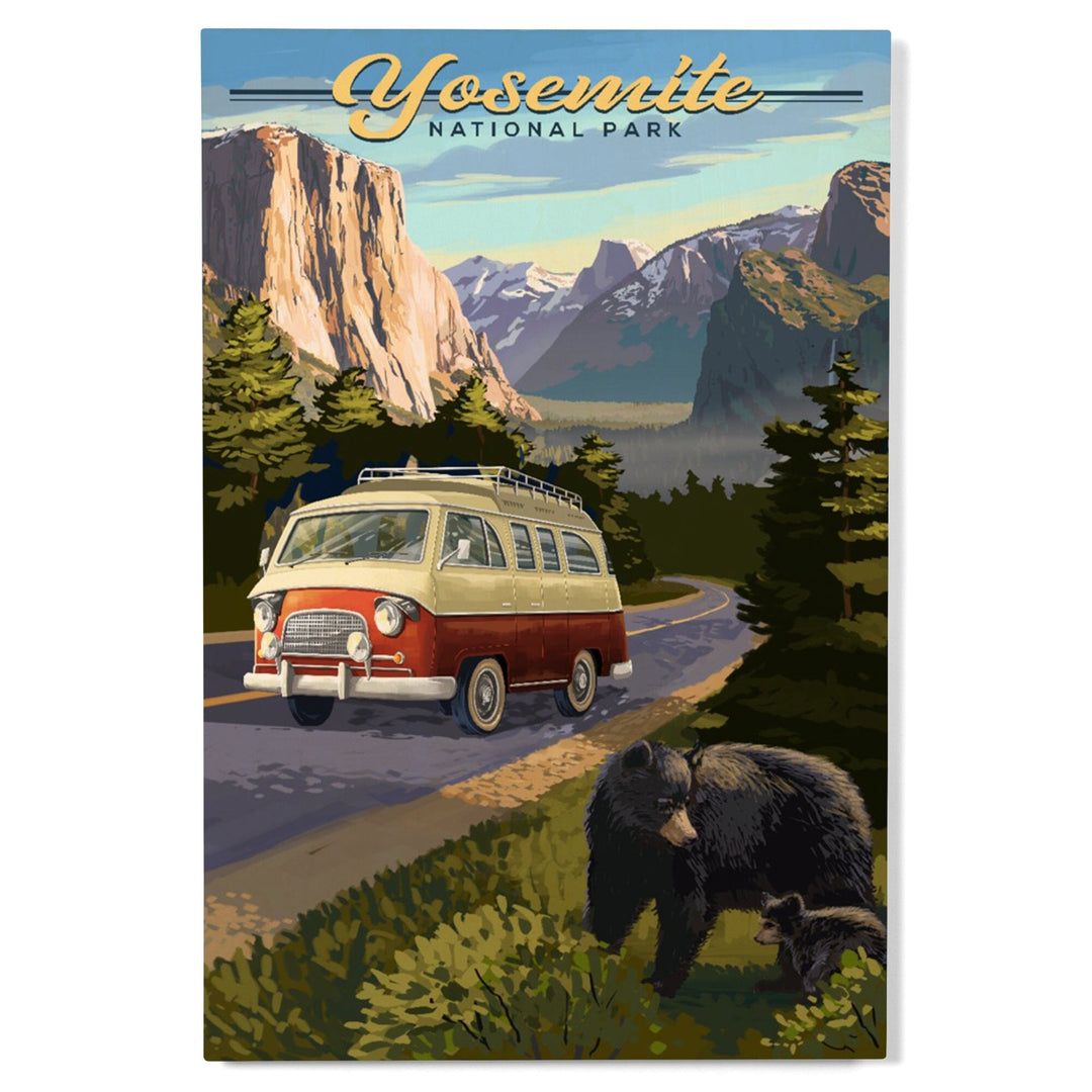 Yosemite National Park, California, Camper Van & Wildlife, Lantern Press Artwork, Wood Signs and Postcards Wood Lantern Press