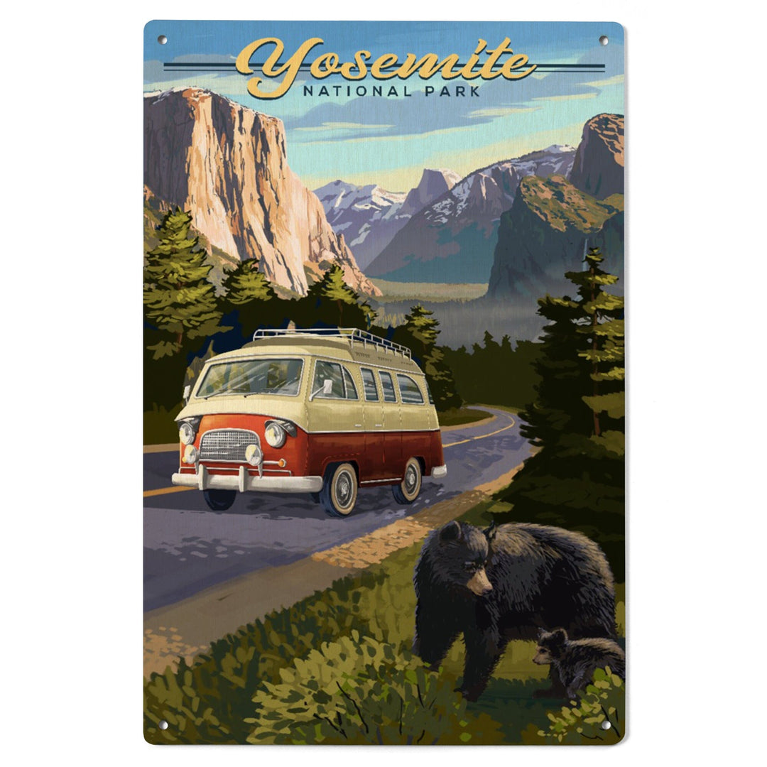 Yosemite National Park, California, Camper Van & Wildlife, Lantern Press Artwork, Wood Signs and Postcards Wood Lantern Press