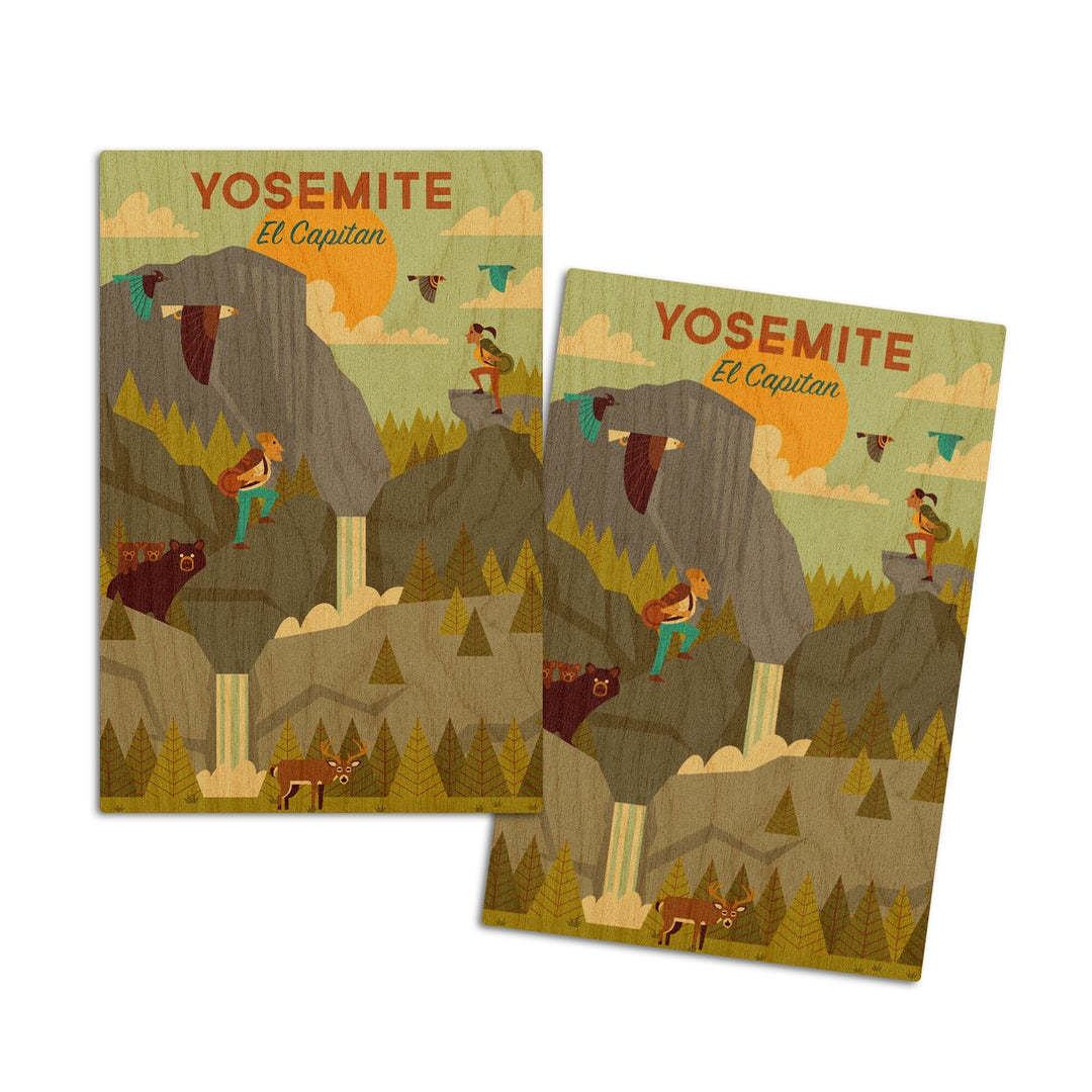 Yosemite National Park, California, El Capitan, Geometric National Park Series, Lantern Press Artwork, Wood Signs and Postcards Wood Lantern Press 4x6 Wood Postcard Set