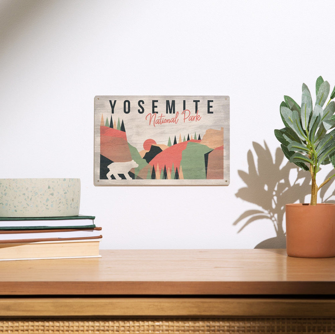 Yosemite National Park, California, El Capitan & Half Dome, Bear, Lantern Press, Wood Signs and Postcards Wood Lantern Press