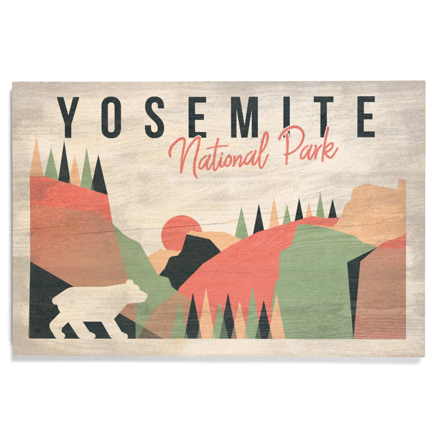 Yosemite National Park, California, El Capitan & Half Dome, Bear, Lantern Press, Wood Signs and Postcards Wood Lantern Press