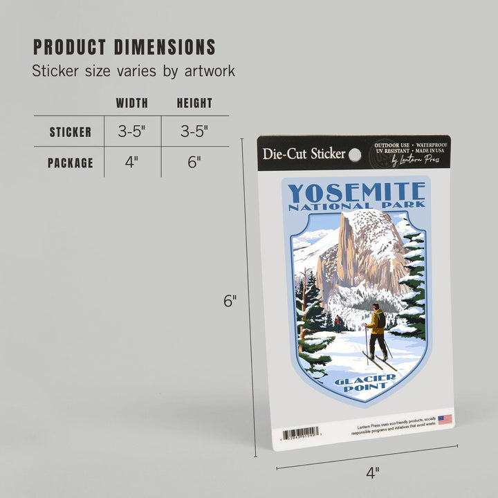 Yosemite National Park, California, Glacier Point and Half Dome, Ski Scene, Contour, Vinyl Sticker Sticker Lantern Press