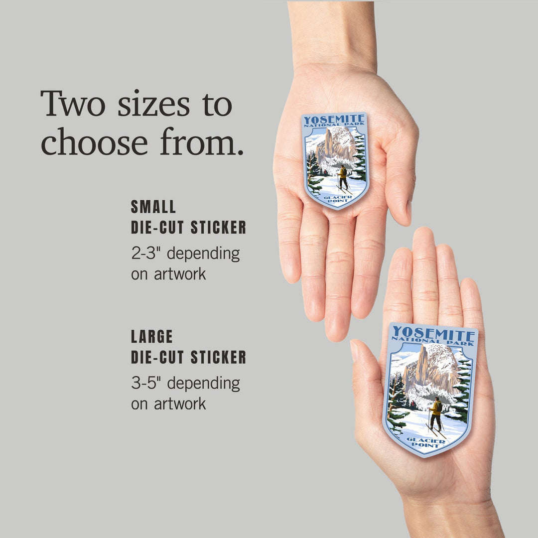 Yosemite National Park, California, Glacier Point and Half Dome, Ski Scene, Contour, Vinyl Sticker Sticker Lantern Press