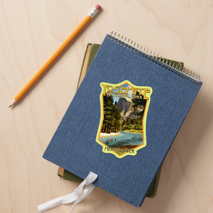 Yosemite National Park, California, Merced River Rafting, Contour, Lantern Press Artwork, Vinyl Sticker Sticker Lantern Press