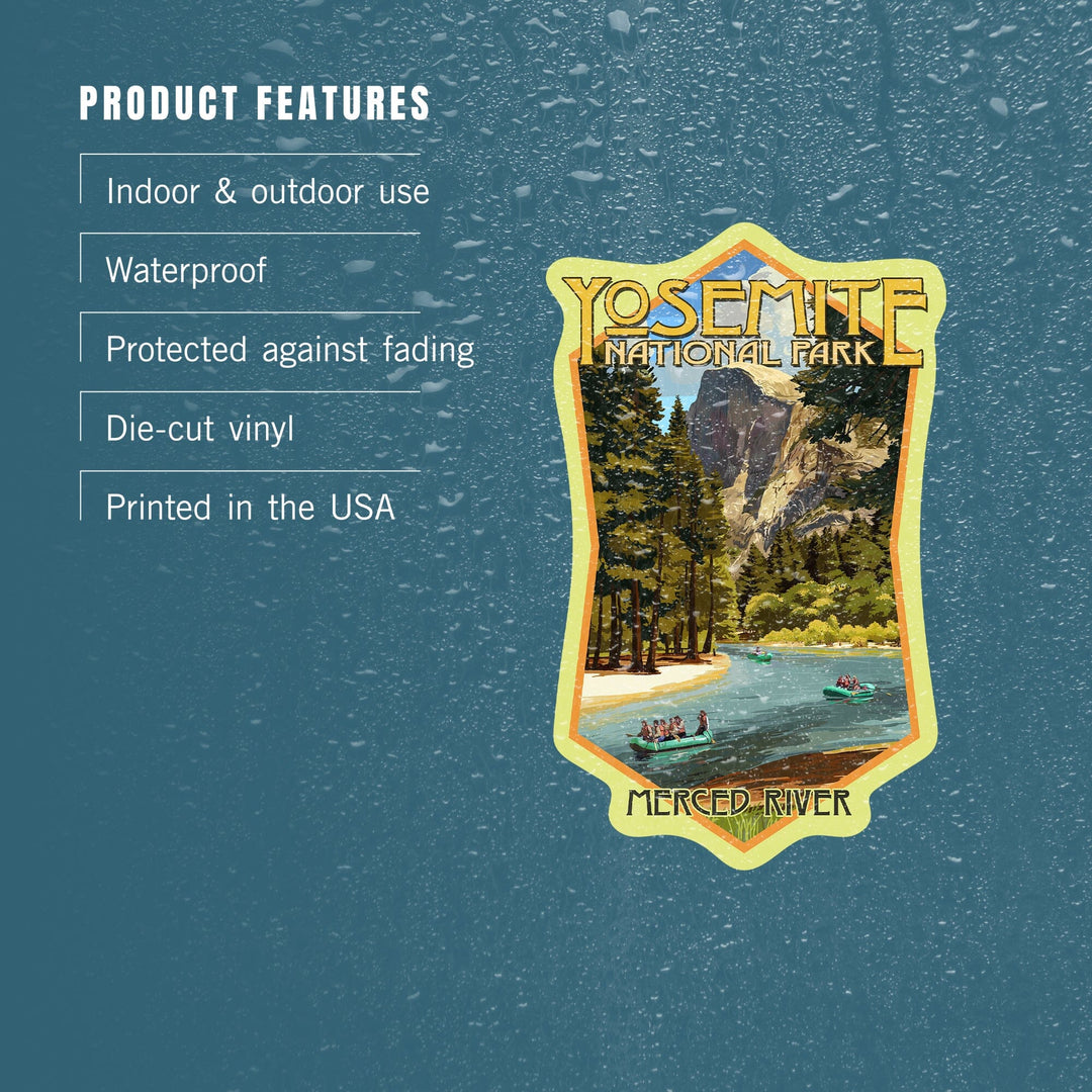 Yosemite National Park, California, Merced River Rafting, Contour, Lantern Press Artwork, Vinyl Sticker Sticker Lantern Press