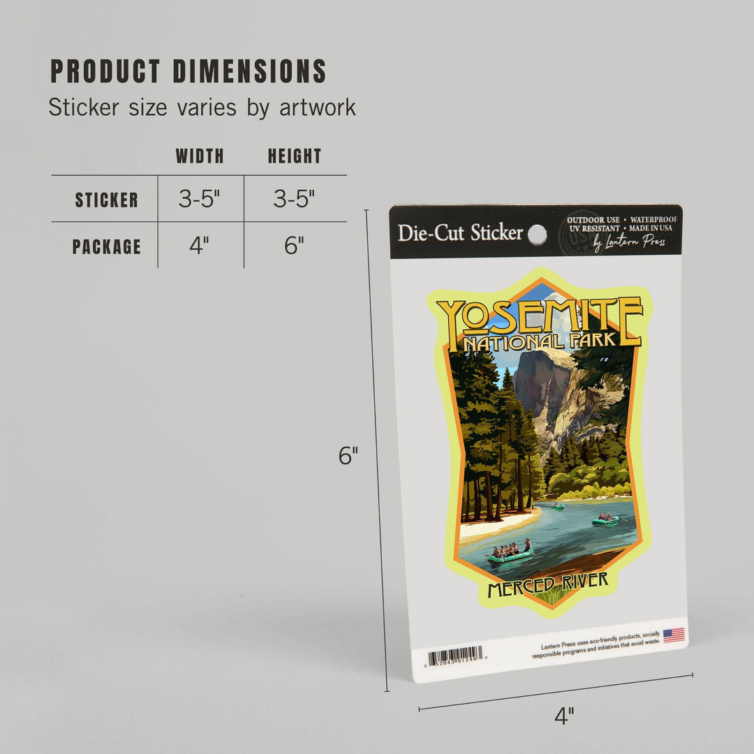 Yosemite National Park, California, Merced River Rafting, Contour, Lantern Press Artwork, Vinyl Sticker Sticker Lantern Press