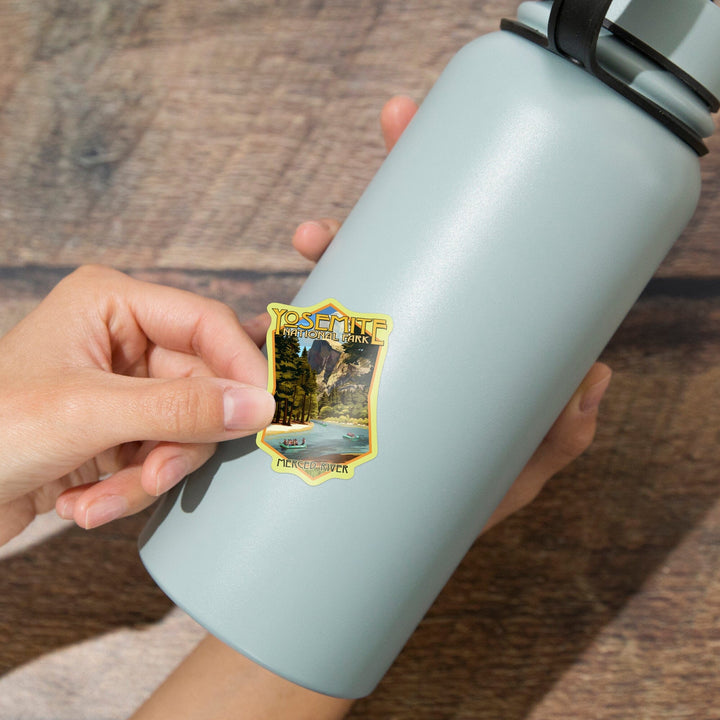 Yosemite National Park, California, Merced River Rafting, Contour, Lantern Press Artwork, Vinyl Sticker Sticker Lantern Press