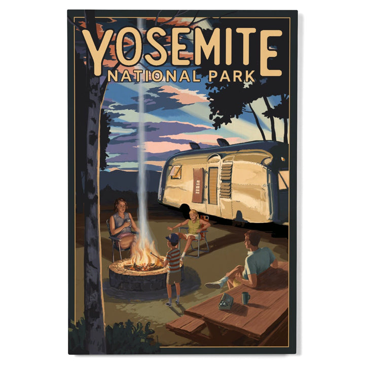 Yosemite National Park, California, Retro Camper and Mountains, Wood Signs and Postcards Wood Lantern Press