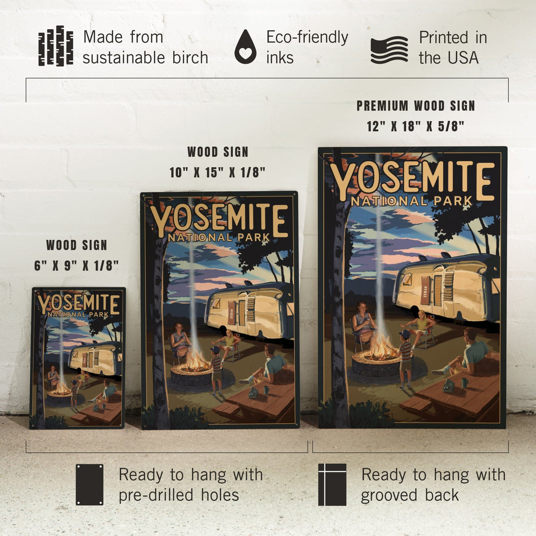 Yosemite National Park, California, Retro Camper and Mountains, Wood Signs and Postcards Wood Lantern Press