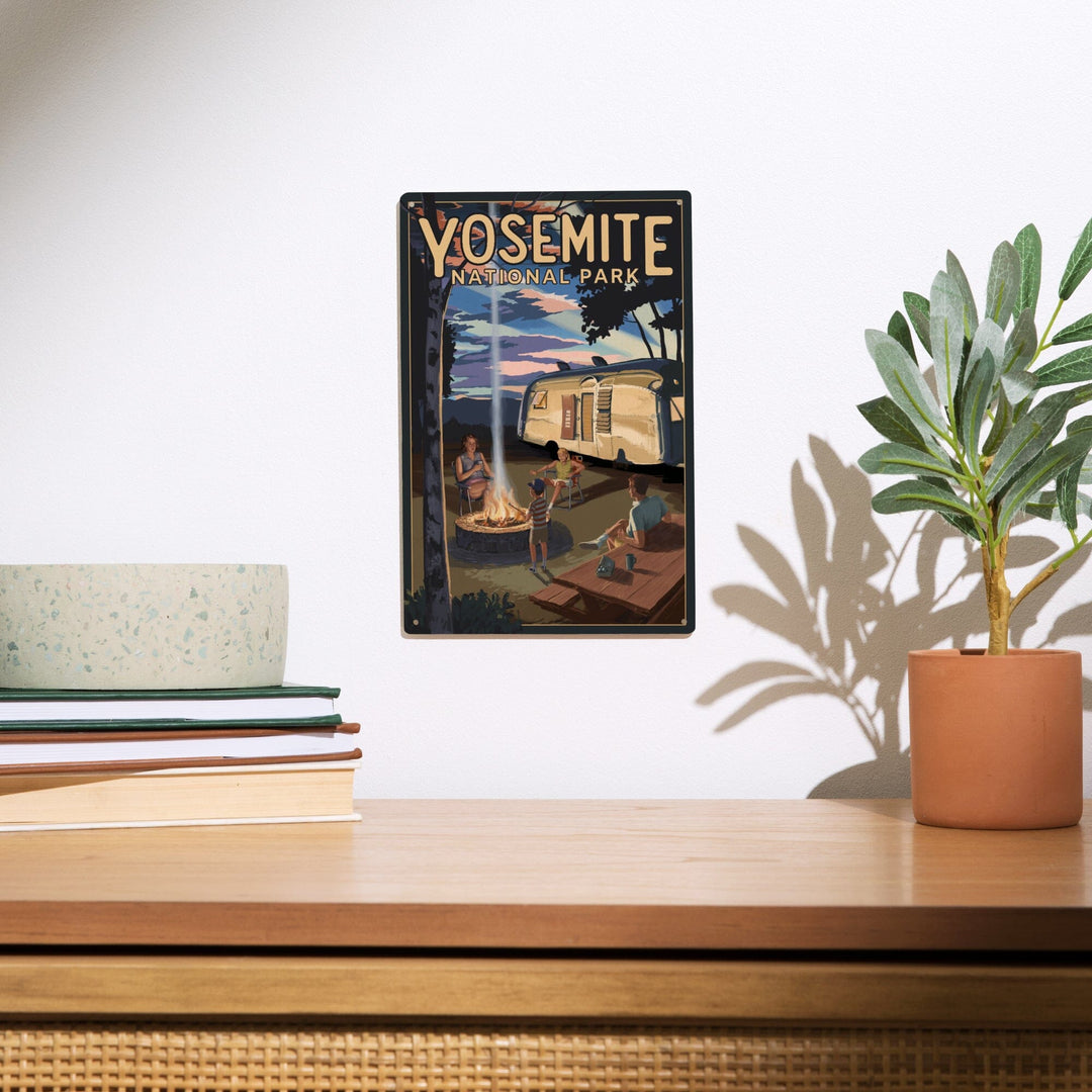 Yosemite National Park, California, Retro Camper and Mountains, Wood Signs and Postcards Wood Lantern Press