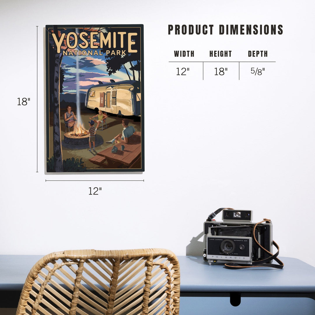 Yosemite National Park, California, Retro Camper and Mountains, Wood Signs and Postcards Wood Lantern Press