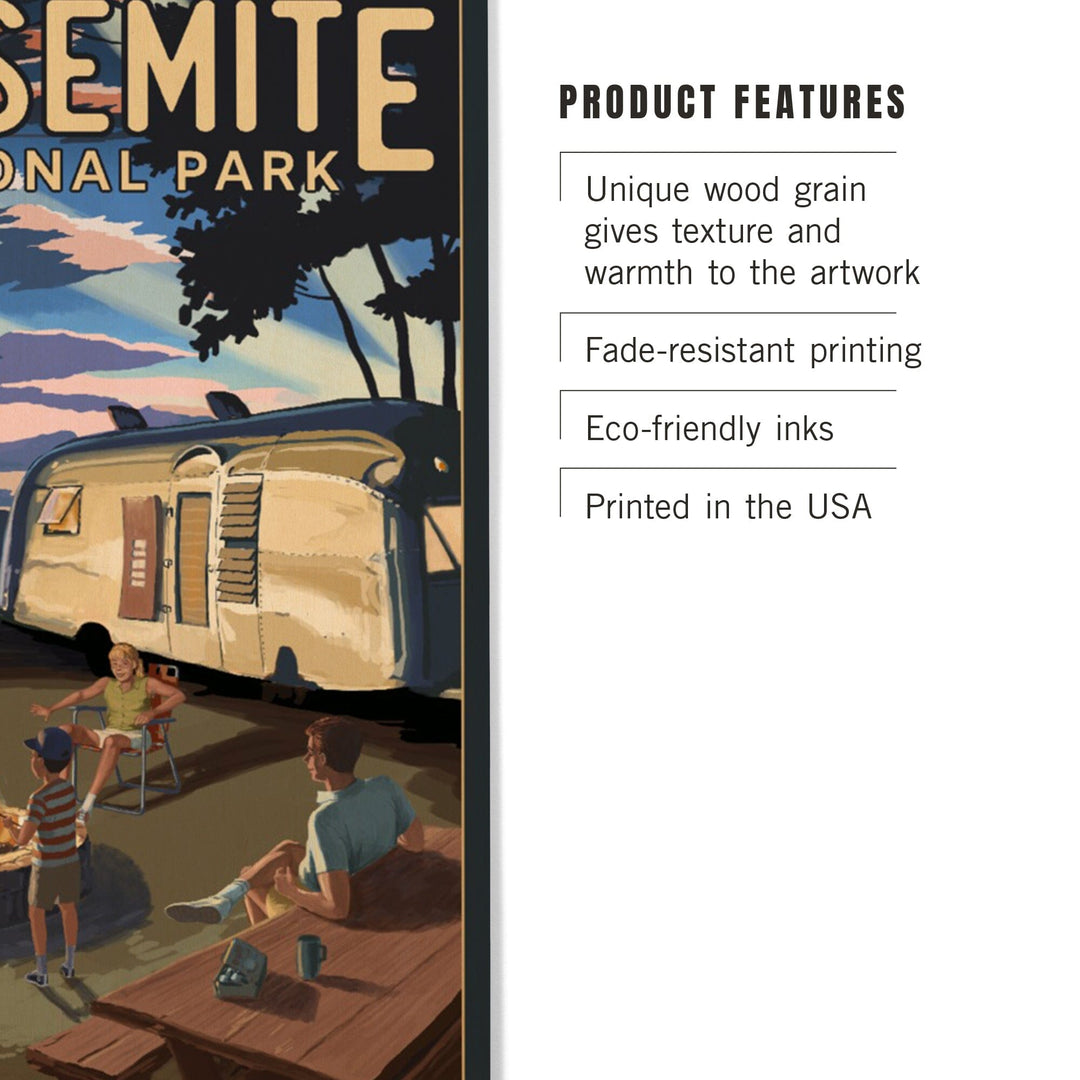 Yosemite National Park, California, Retro Camper and Mountains, Wood Signs and Postcards Wood Lantern Press