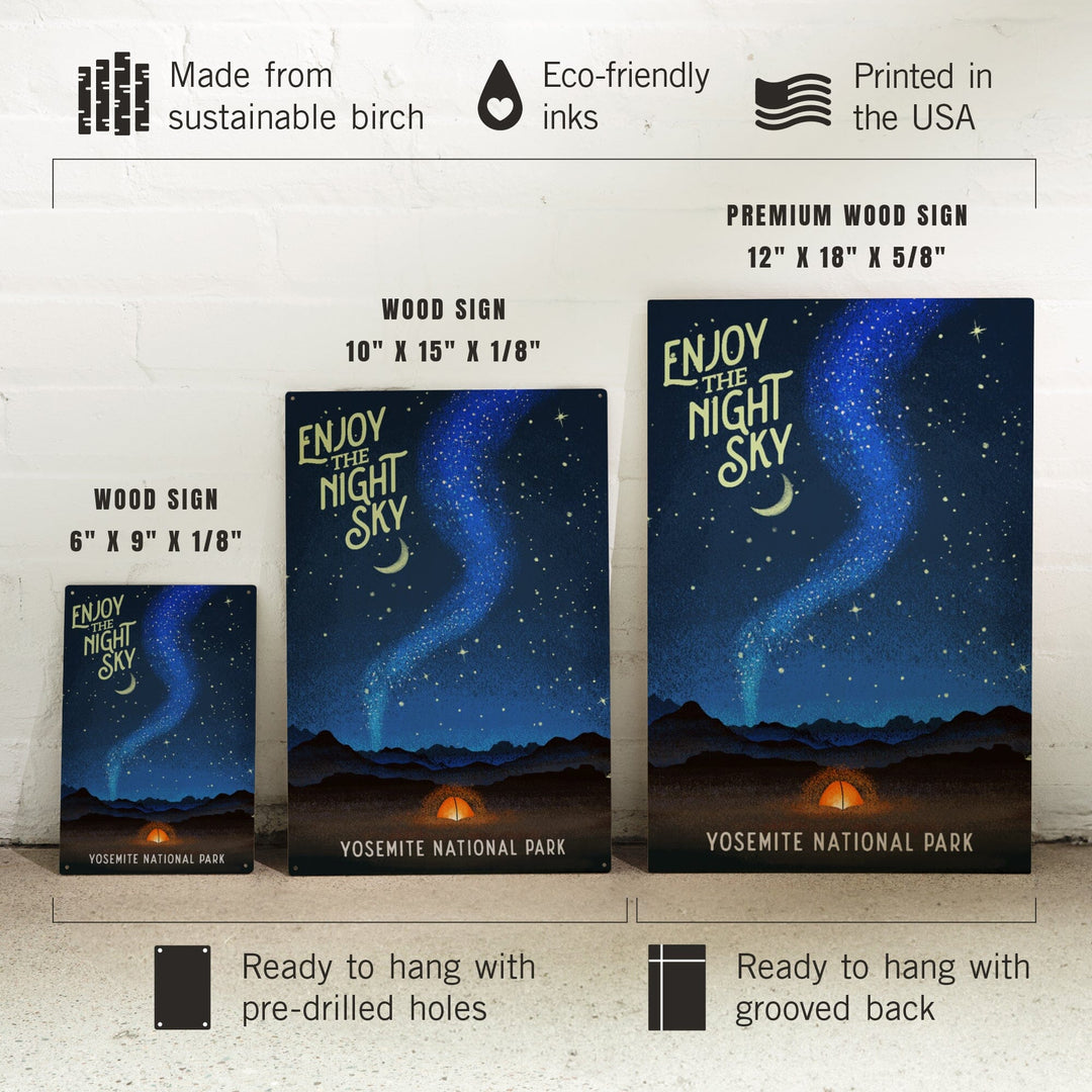 Yosemite National Park, California, Tent and Night Sky, Mid-Century Style, Wood Signs and Postcards Wood Lantern Press