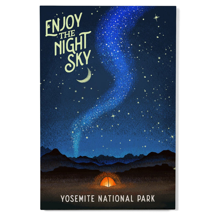 Yosemite National Park, California, Tent and Night Sky, Mid-Century Style, Wood Signs and Postcards Wood Lantern Press