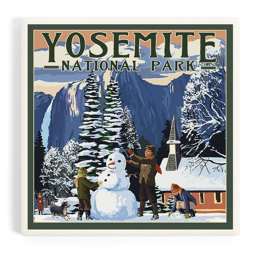 Yosemite National Park, California, Yosemite Chapel and Snowman, Coasters Coasters Lantern Press