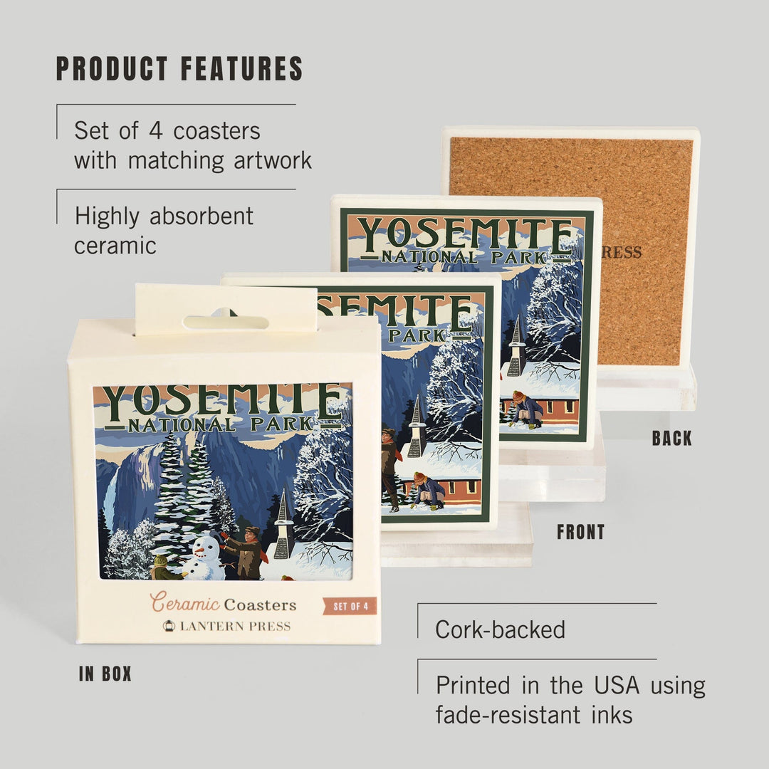 Yosemite National Park, California, Yosemite Chapel and Snowman, Coasters Coasters Lantern Press