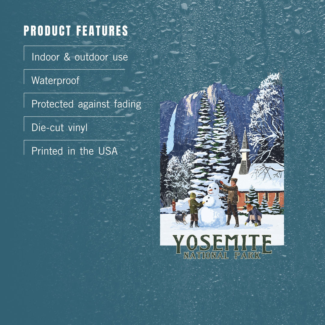 Yosemite National Park, California, Yosemite Chapel and Snowman, Contour, Vinyl Sticker Sticker Lantern Press