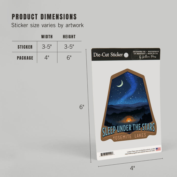 Yosemite National Park, California, Yosemite Lakes, Sleep Under the Stars, Tent & Night Sky, Contour, Lantern Press Artwork, Vinyl Sticker Sticker Lantern Press