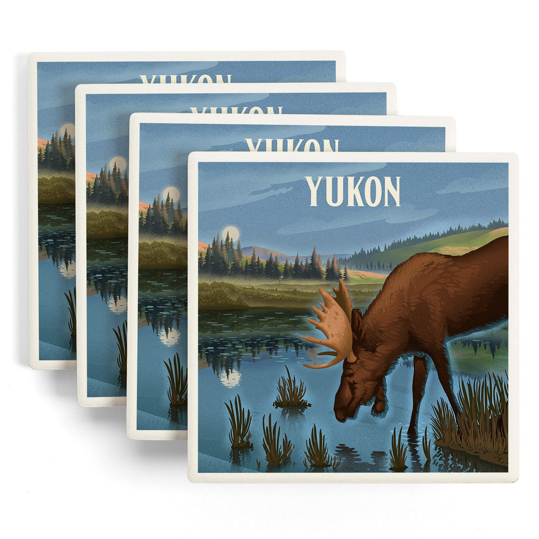 Yukon, Lithograph, Reflection Pond and Bull Moose, Coasters Coasters Lantern Press