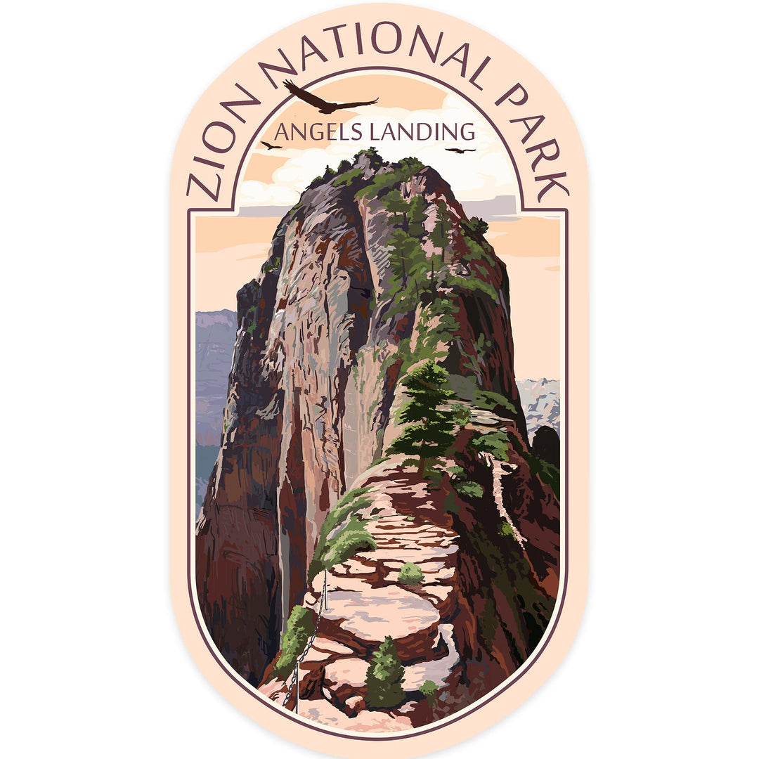 Zion National Park, Utah, Angels Landing & Condors, Contour, Lantern Press Artwork, Vinyl Sticker Sticker Lantern Press