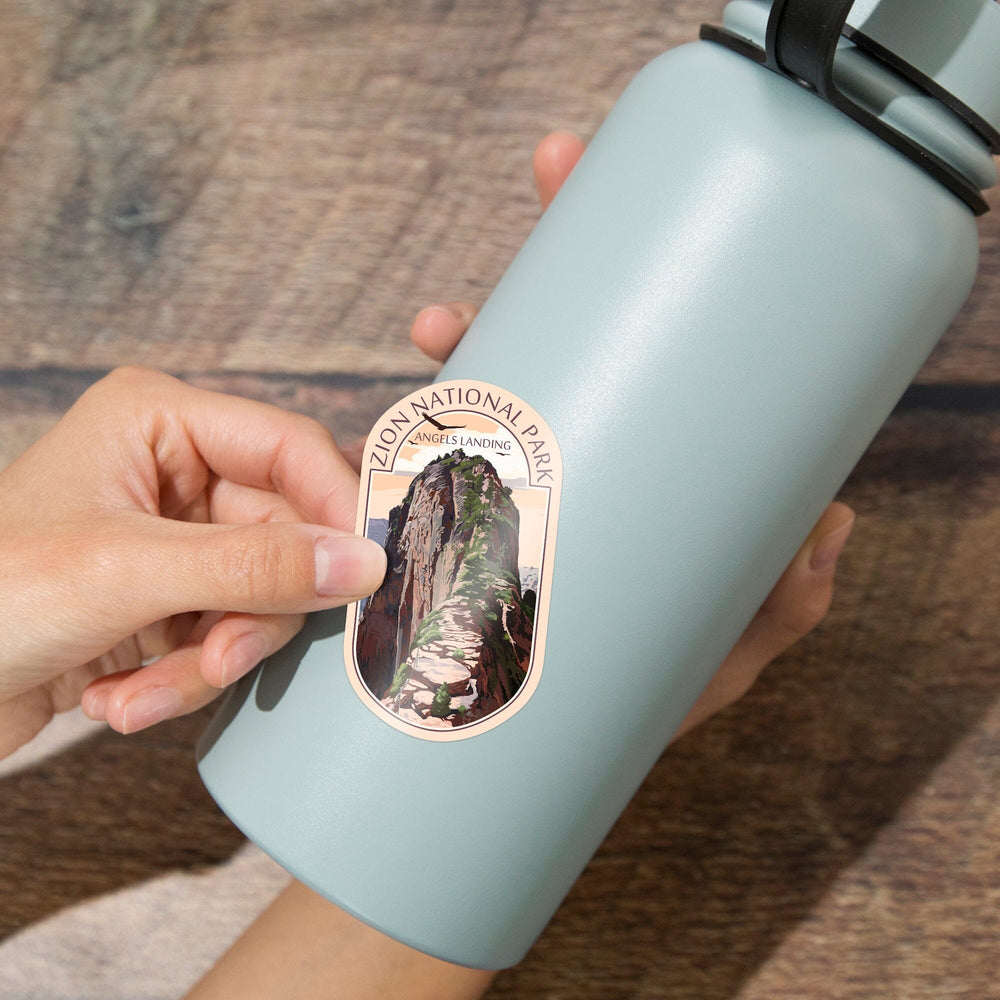 Zion National Park, Utah, Angels Landing & Condors, Contour, Lantern Press Artwork, Vinyl Sticker Sticker Lantern Press