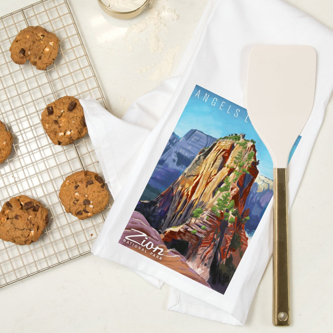 Zion National Park, Utah, Angels Landing, Oil Painting, Organic Cotton Kitchen Tea Towels Kitchen Lantern Press
