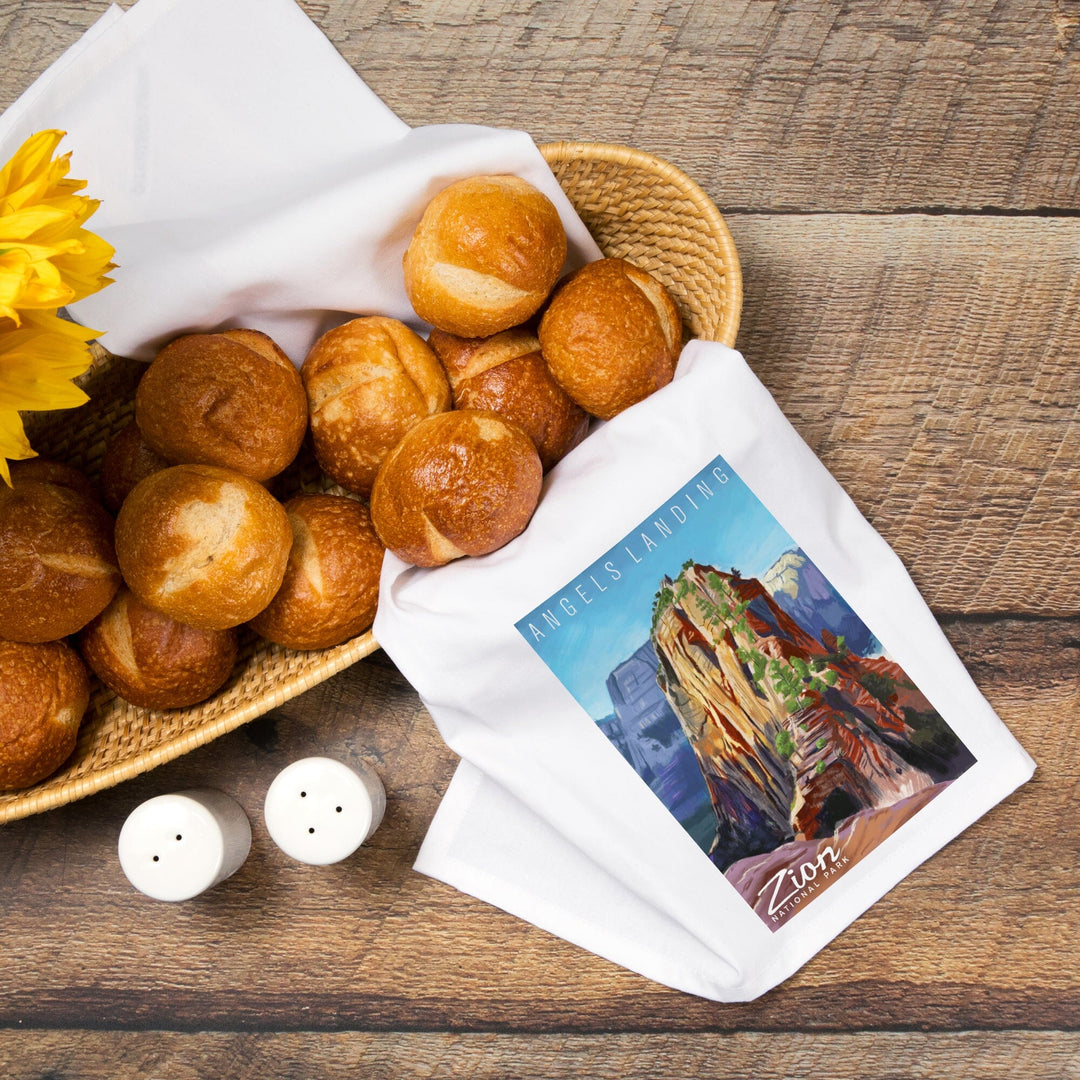 Zion National Park, Utah, Angels Landing, Oil Painting, Organic Cotton Kitchen Tea Towels Kitchen Lantern Press
