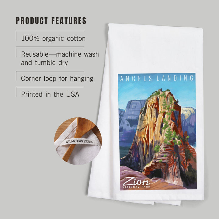 Zion National Park, Utah, Angels Landing, Oil Painting, Organic Cotton Kitchen Tea Towels Kitchen Lantern Press