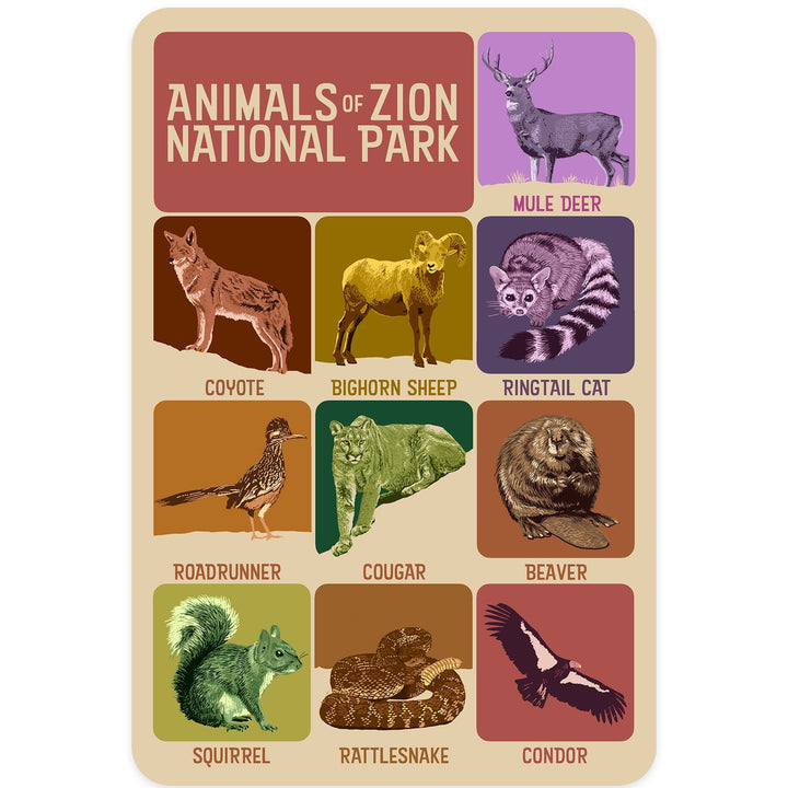 Zion National Park, Utah, Animals of Zion, Contour, Vinyl Sticker Sticker Lantern Press