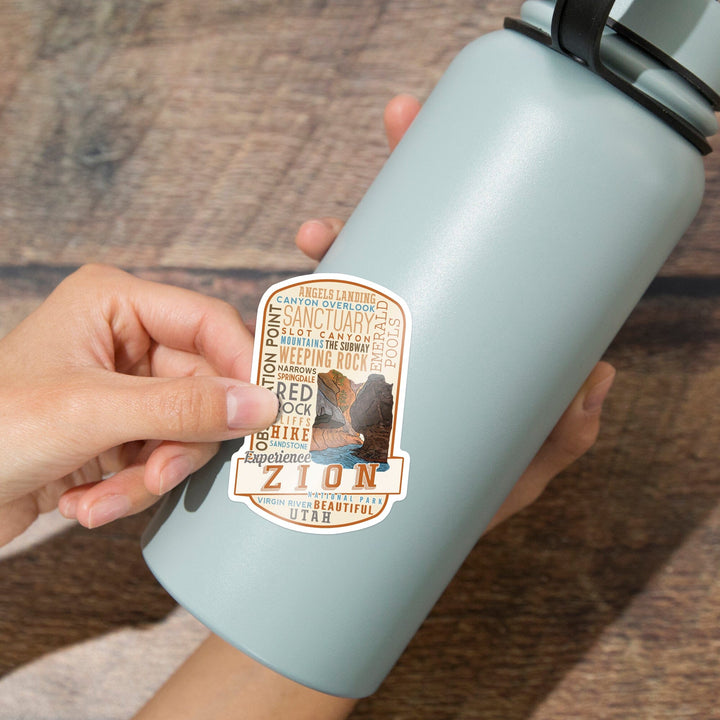 Zion National Park, Utah, Experience Zion, Typography, Contour, Lantern Press Artwork, Vinyl Sticker Sticker Lantern Press