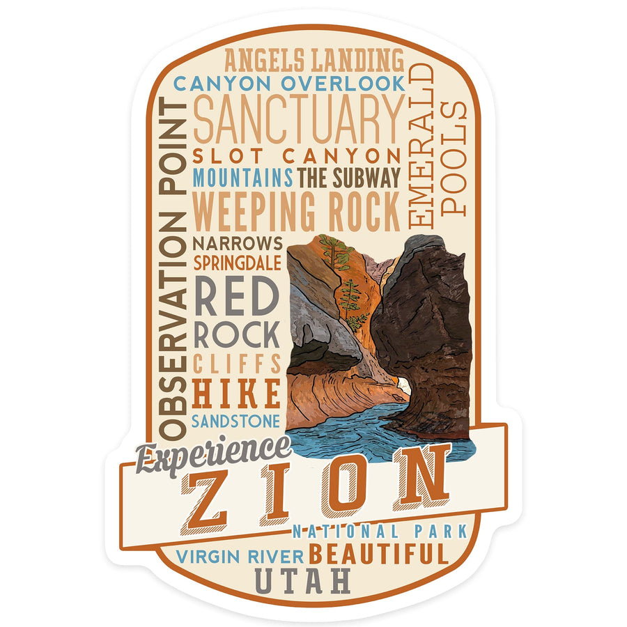 Zion National Park, Utah, Experience Zion, Typography, Contour, Lantern Press Artwork, Vinyl Sticker Sticker Lantern Press