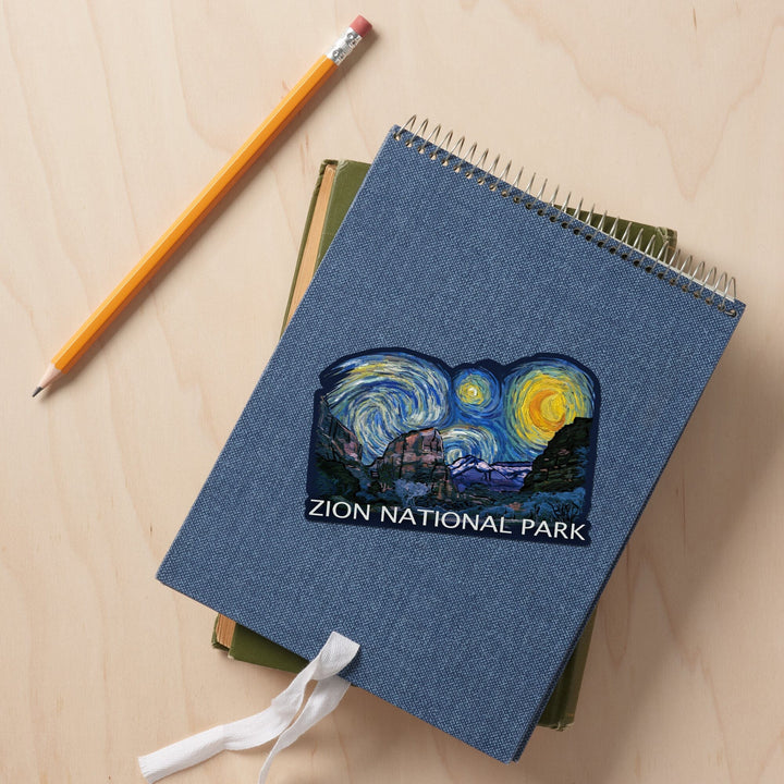Zion National Park, Utah, Starry Night National Park Series, Contour, Lantern Press Artwork, Vinyl Sticker Sticker Lantern Press