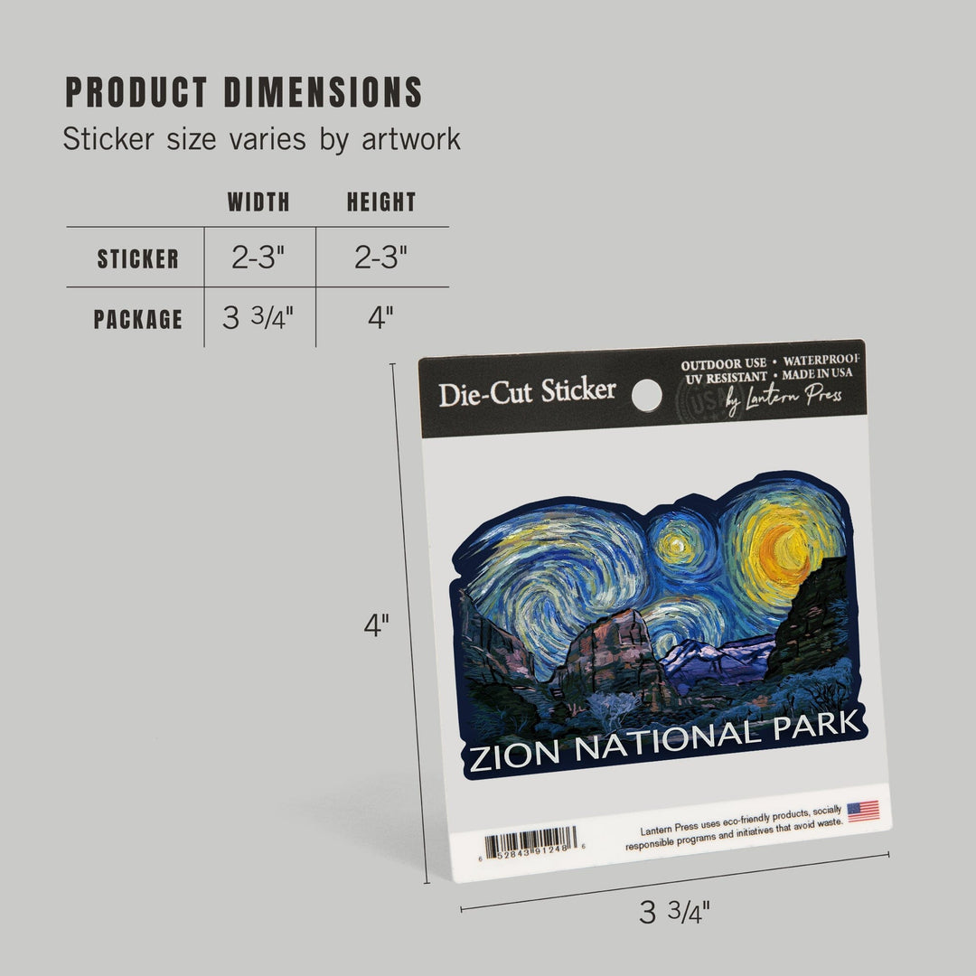 Zion National Park, Utah, Starry Night National Park Series, Contour, Lantern Press Artwork, Vinyl Sticker Sticker Lantern Press