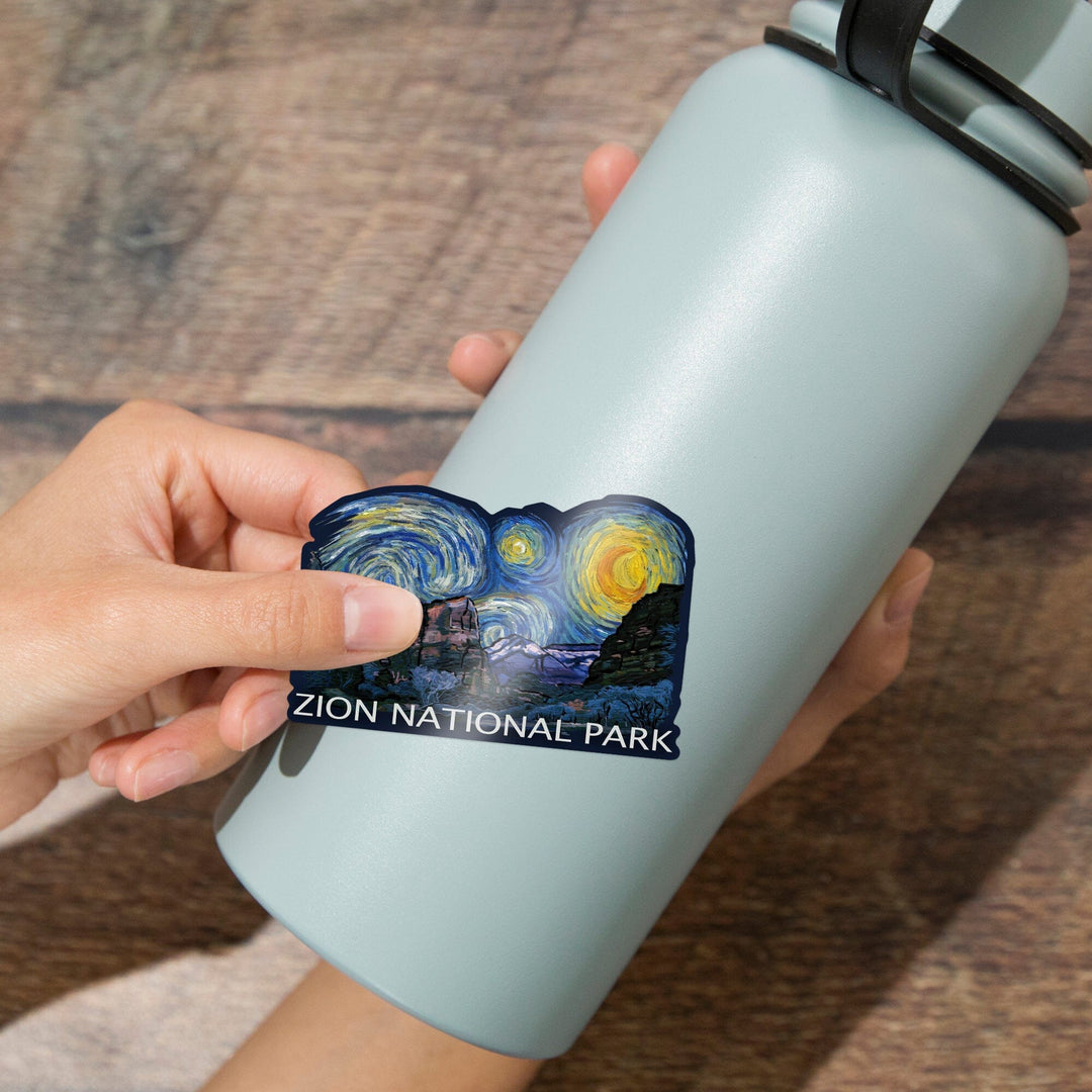 Zion National Park, Utah, Starry Night National Park Series, Contour, Lantern Press Artwork, Vinyl Sticker Sticker Lantern Press